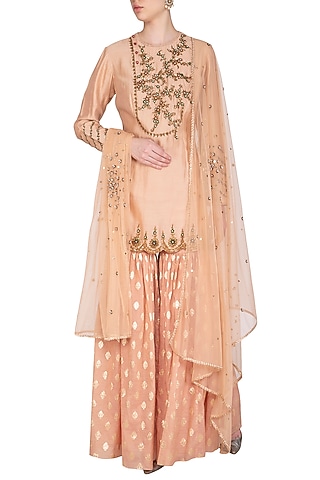 Peach Embroidered Gharara Set by Joy Mitra