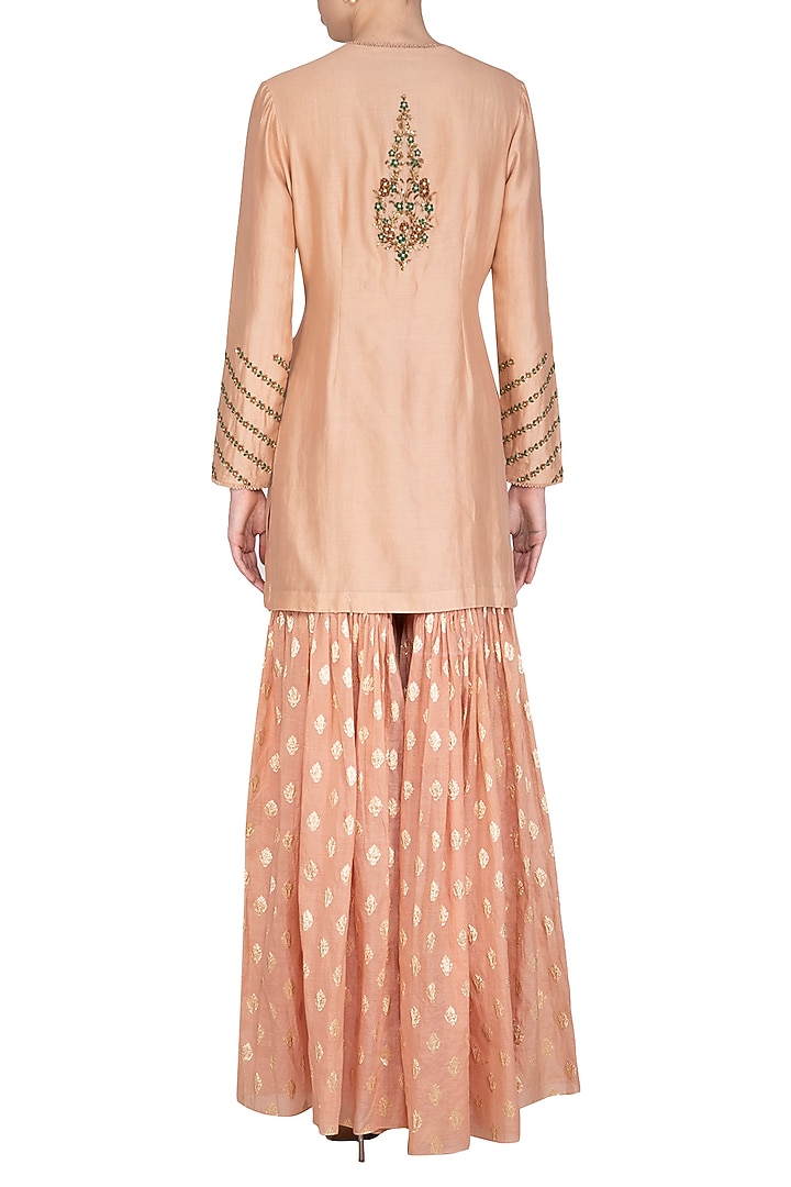 Peach Embroidered Gharara Set by Joy Mitra at Pernia's Pop Up Shop