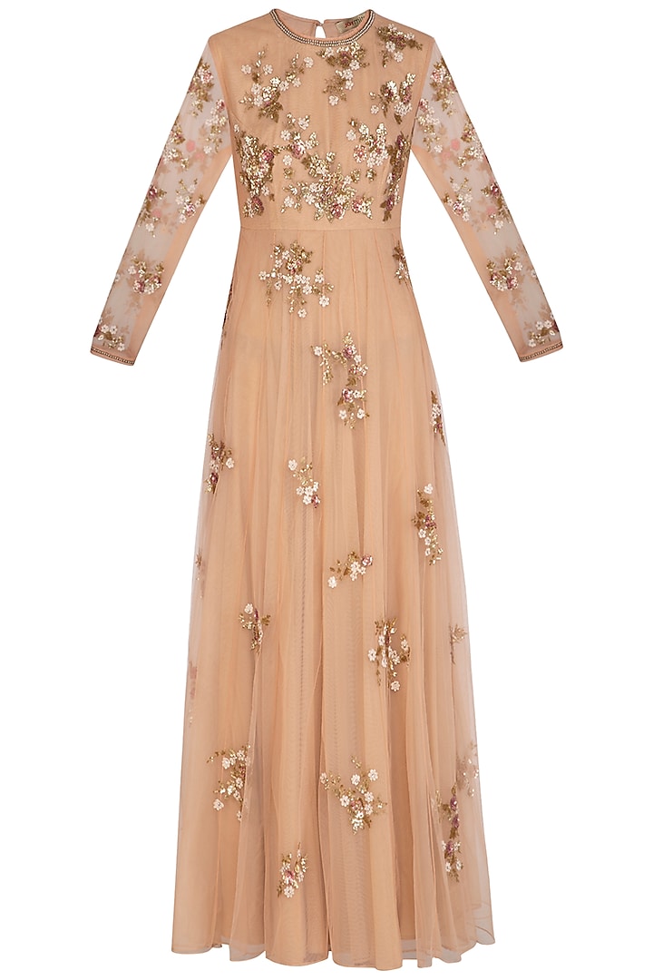 Peach Embroidered Anarkali With Dupatta by Joy Mitra