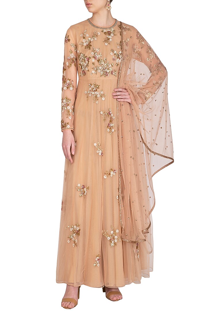 Peach Embroidered Wedding Anarkali With Dupatta by Joy Mitra at Pernia's Pop Up Shop