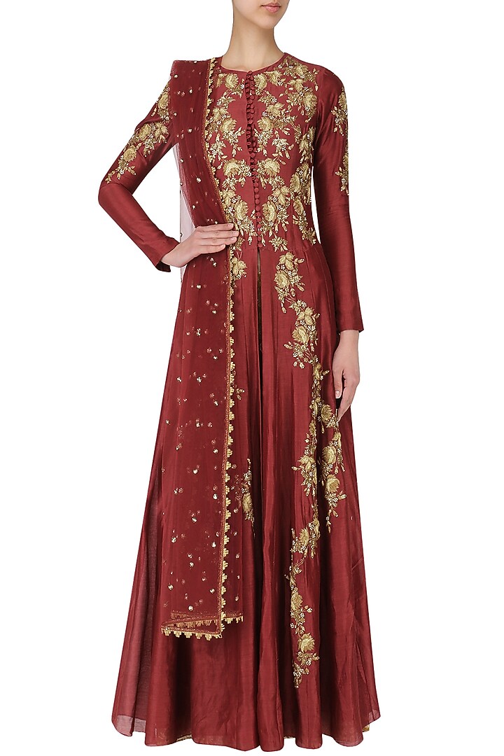 Maroon Embroidered Anarkali Set available only at Pernia's Pop Up Shop.