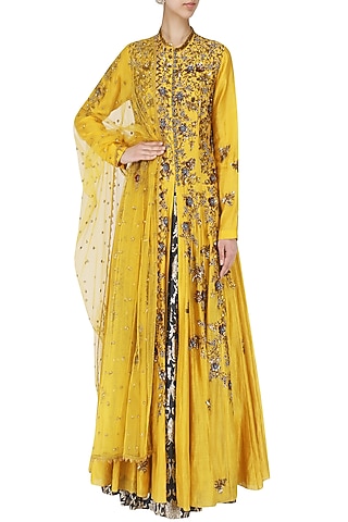 Yellow Embroidered Anarkali Set by Joy Mitra