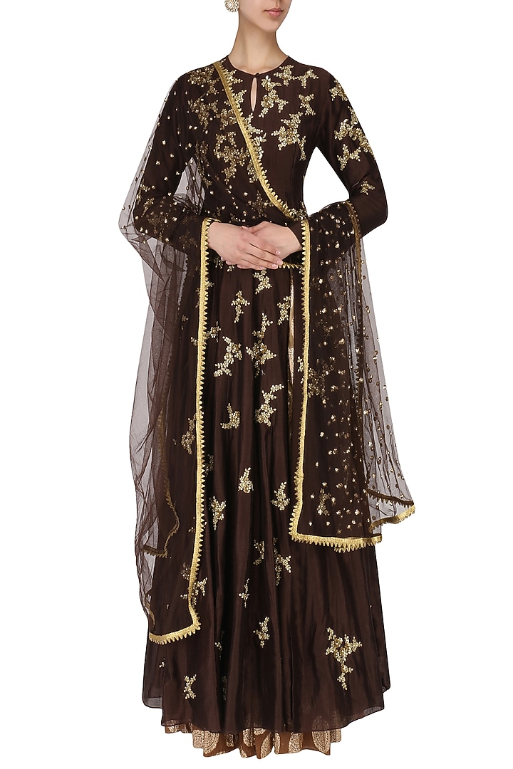 Coffe Embroidered Anarkali Set available only at Pernia's Pop Up Shop.
