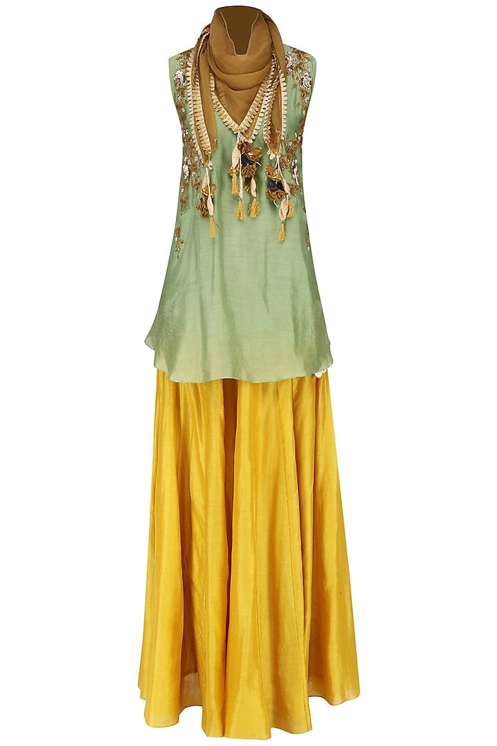 Green Embroidered Short Kurta With Skirt and Scarf Set by Joy Mitra