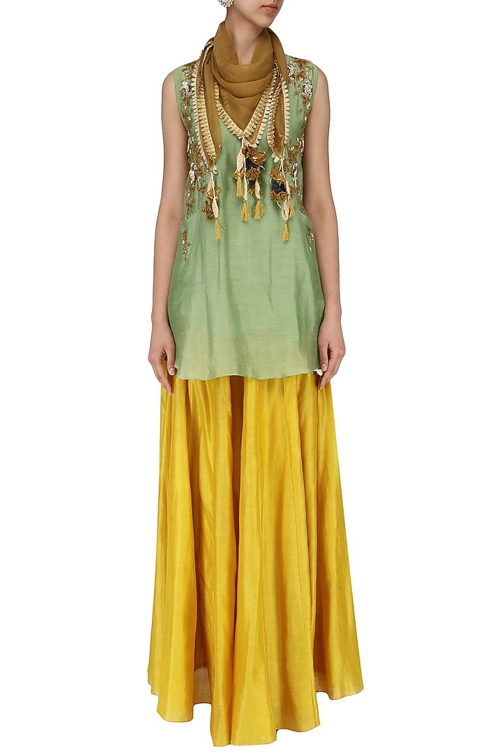 Green Embroidered Short Kurta With Skirt and Scarf Set available only at Pernia's Pop Up Shop.