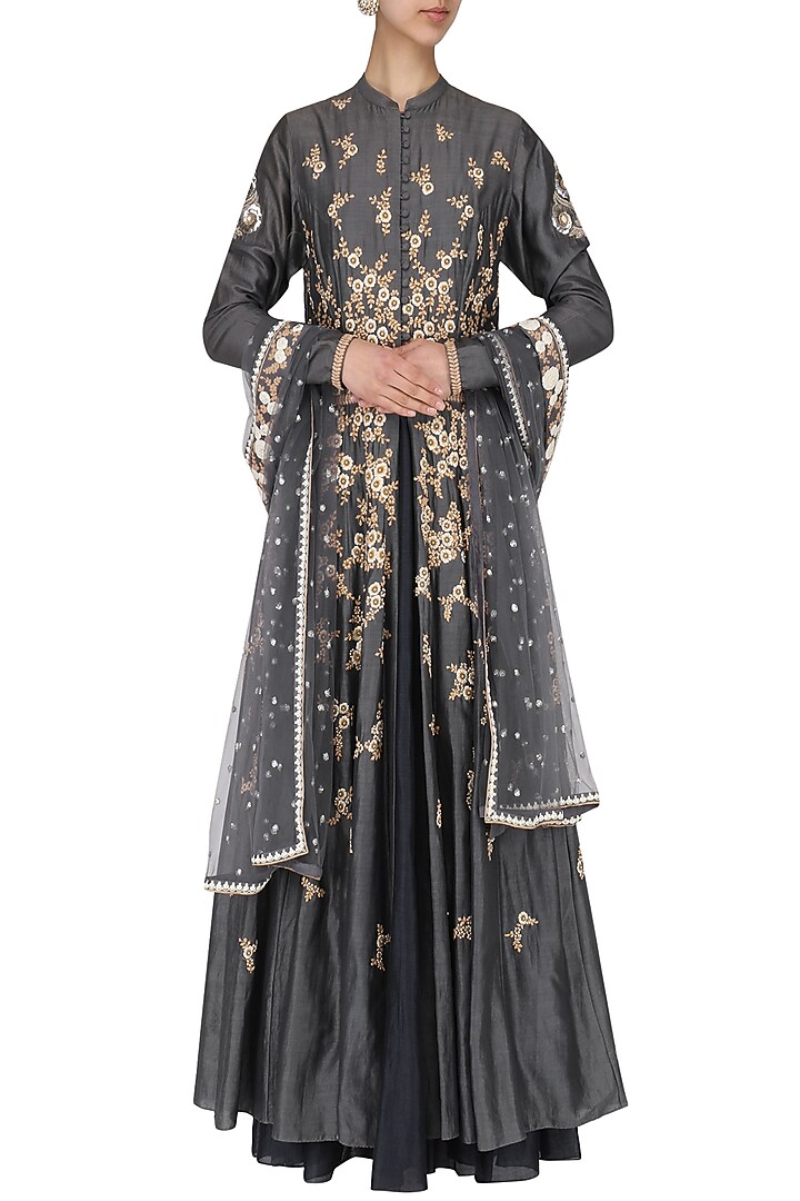 Grey Embroidered Anarkali Set available only at Pernia's Pop Up Shop.