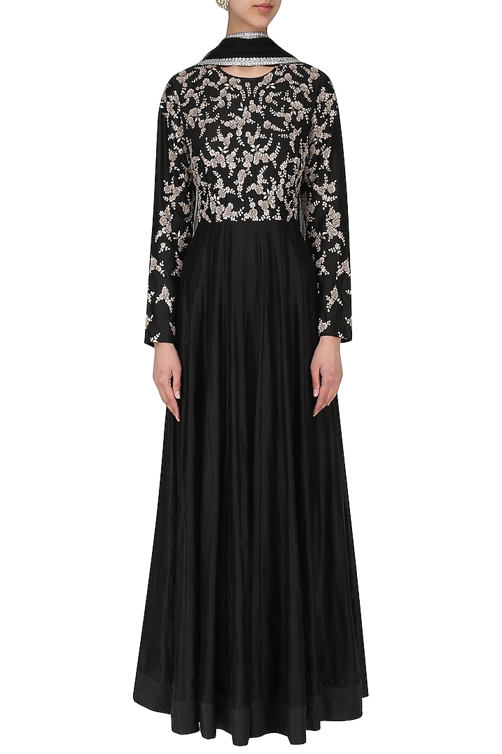 Black Embroidered Anarkali Set available only at Pernia's Pop Up Shop.