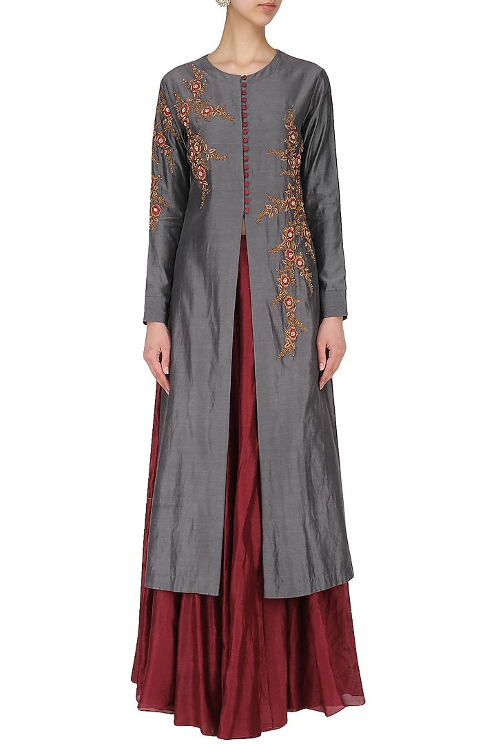Grey Embroidered Jacket with Skirt available only at Pernia's Pop Up Shop.