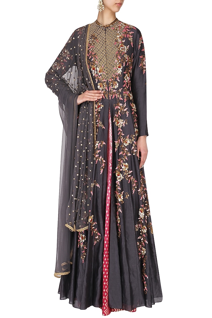 Grey Embroidered Anarkali Set available only at Pernia's Pop Up Shop.