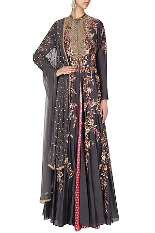 Grey Embroidered Anarkali Set by Joy Mitra
