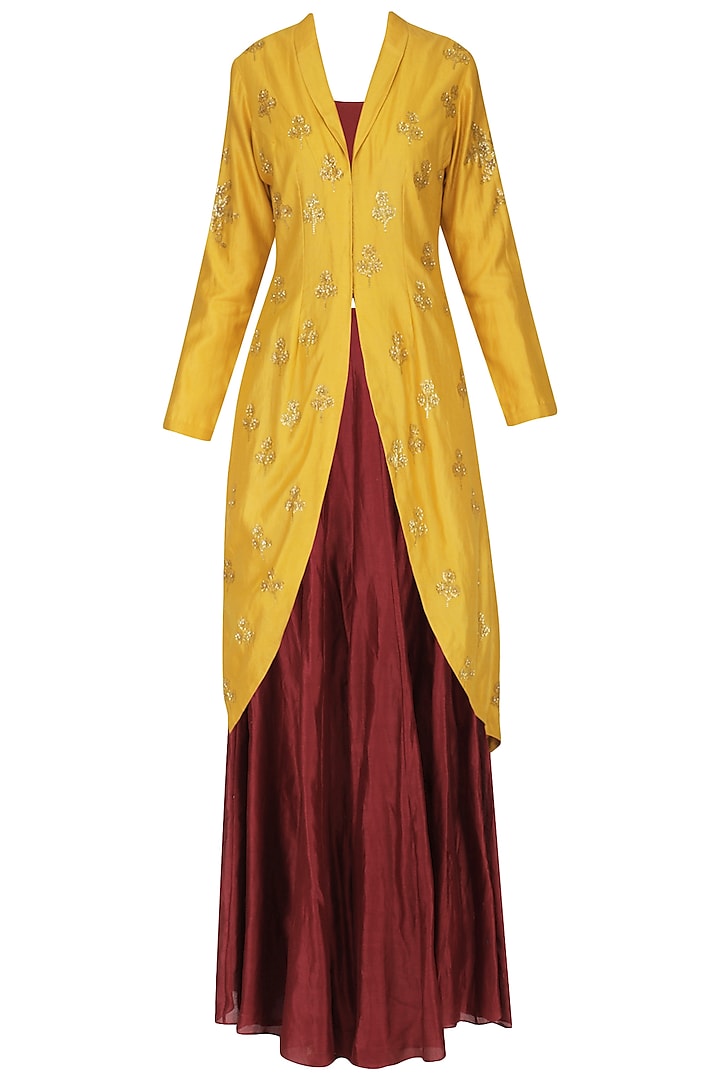 Yellow Embroidered Jacket with Skirt by Joy Mitra
