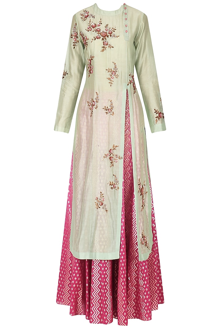Mint Green Embroidered Kurta With Skirt Set by Joy Mitra