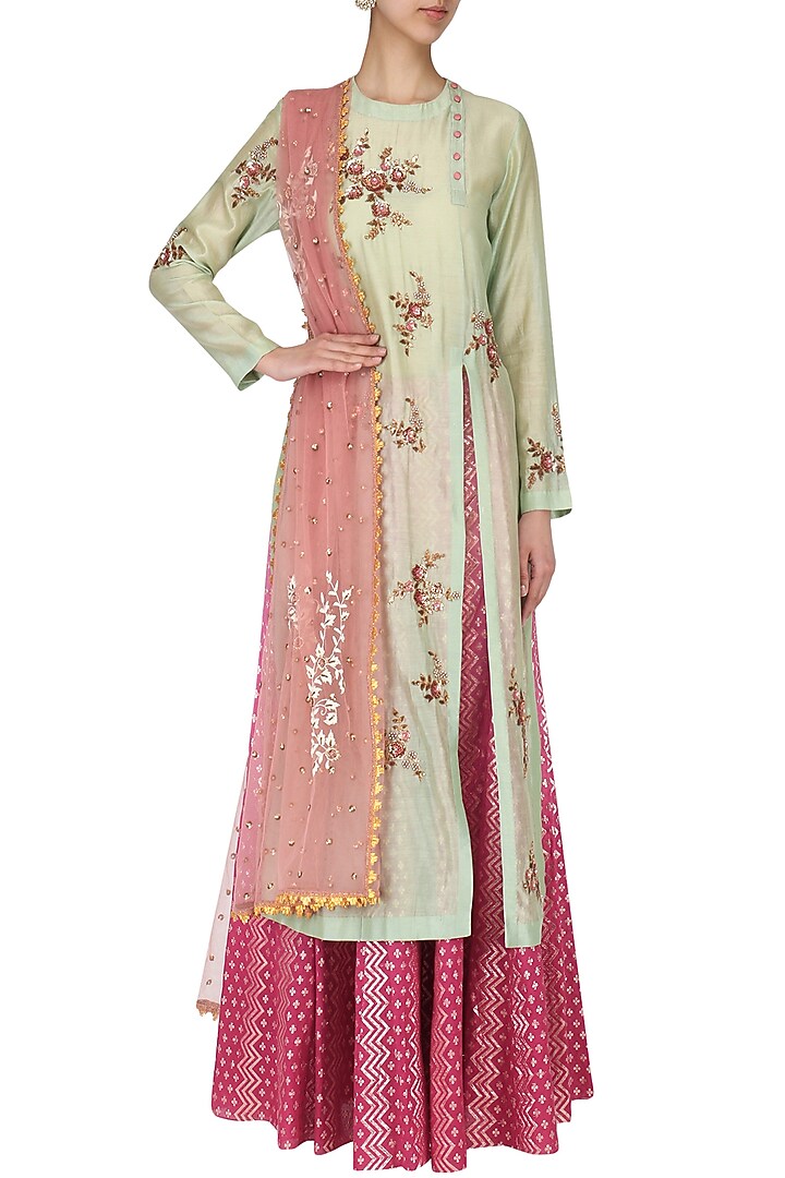 Mint Green Embroidered Kurta With Skirt Set available only at Pernia's Pop Up Shop.