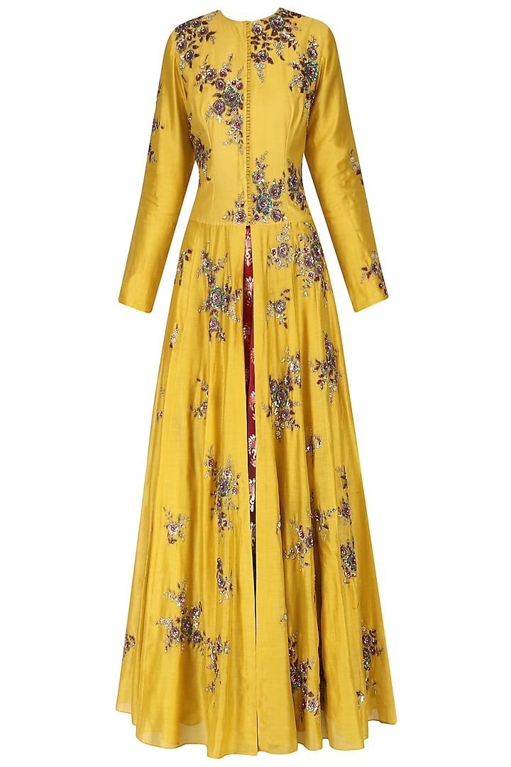 Yellow Embroidered Anarkali Set by Joy Mitra