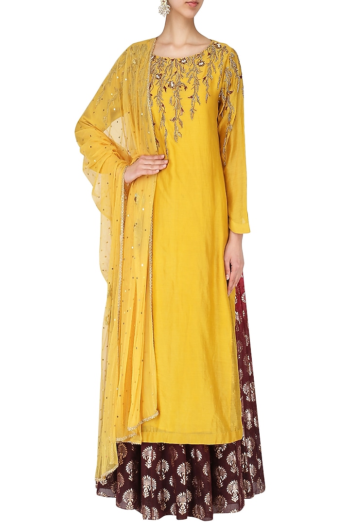 Yellow Embroidered Kurta With Skirt Set available only at Pernia's Pop Up Shop.