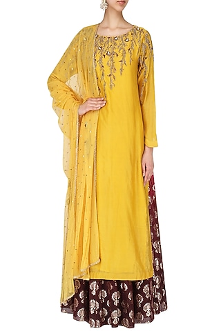 Yellow Embroidered Kurta With Skirt Set by Joy Mitra