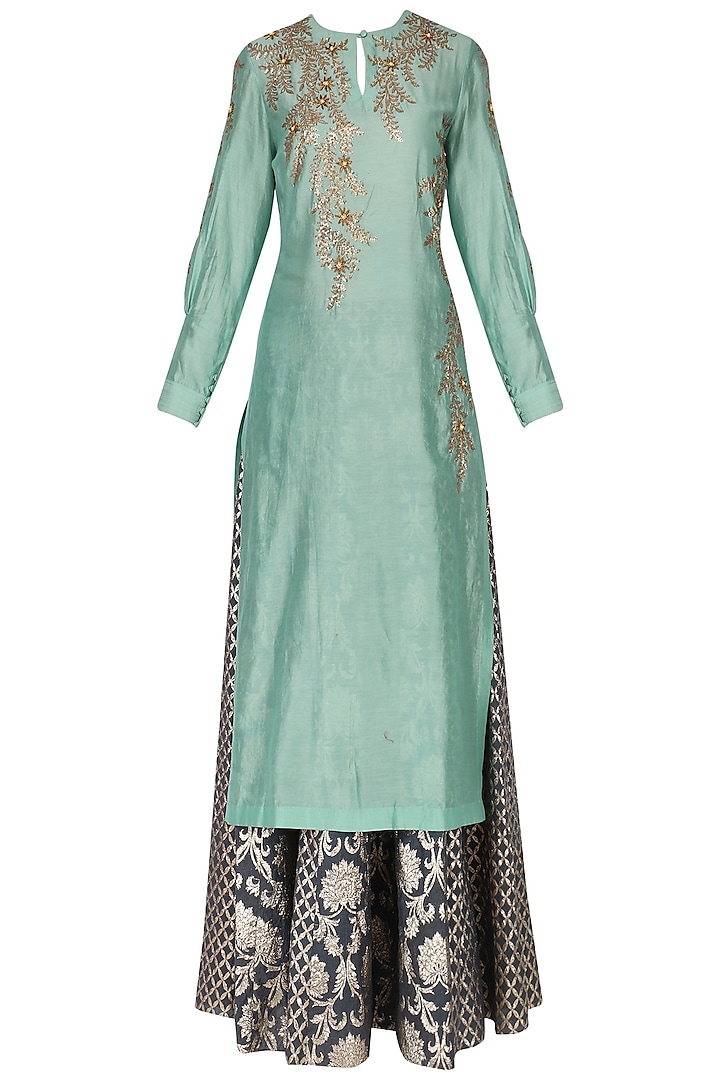 Mint Green Embroidered Kurta With Skirt Set by Joy Mitra
