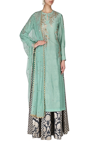 Mint Green Embroidered Kurta With Skirt Set by Joy Mitra