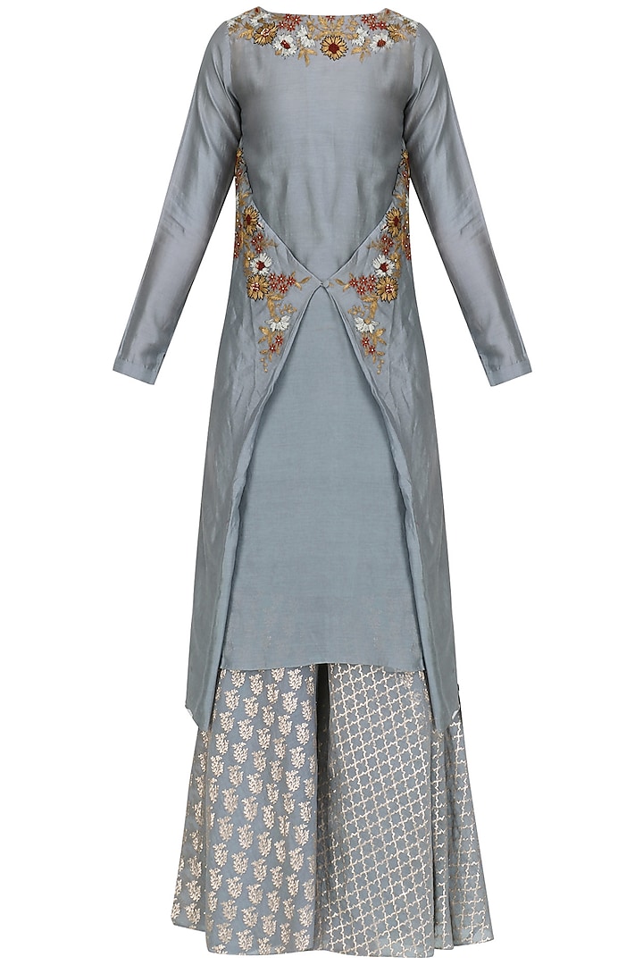 Bluiesh Grey Floral Embroidered Kurta and Skirt Set by Joy Mitra