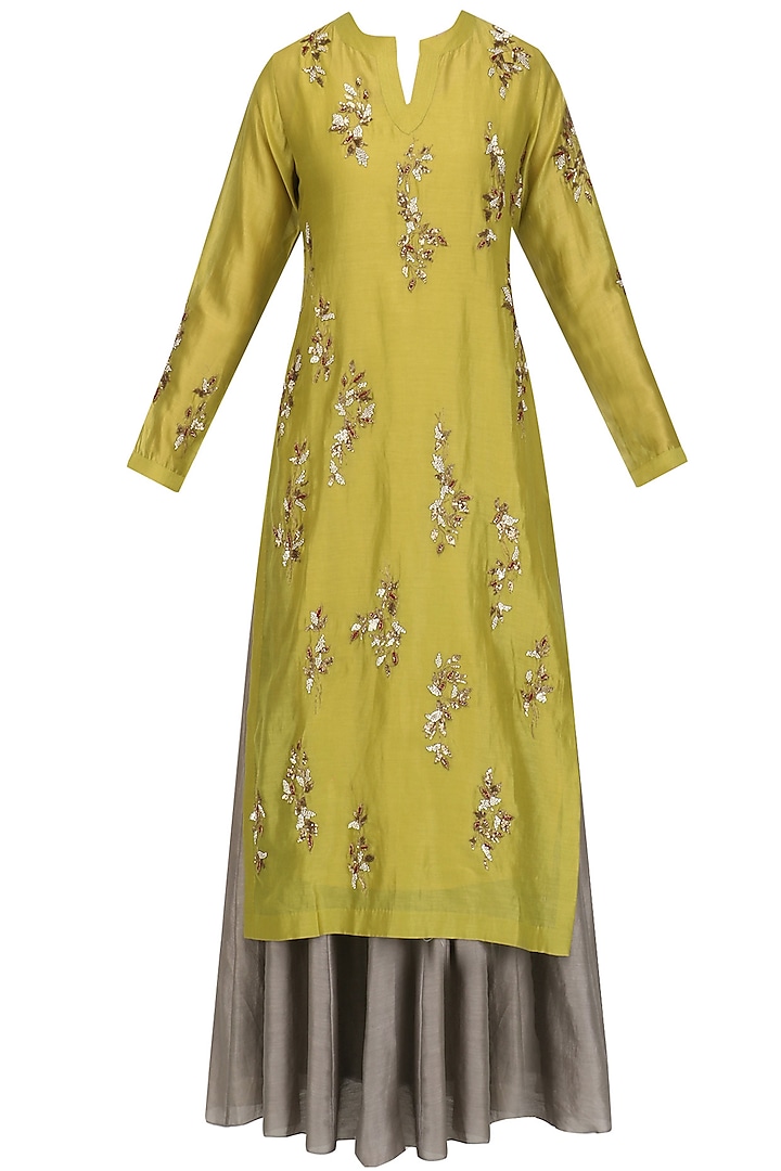 Gold Floral Embroidered Kurta and Skirt Set by Joy Mitra