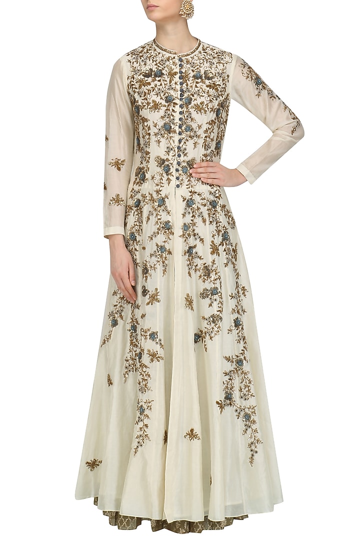 Cream floral embroidered anarkali set available only at Pernia's Pop Up Shop.