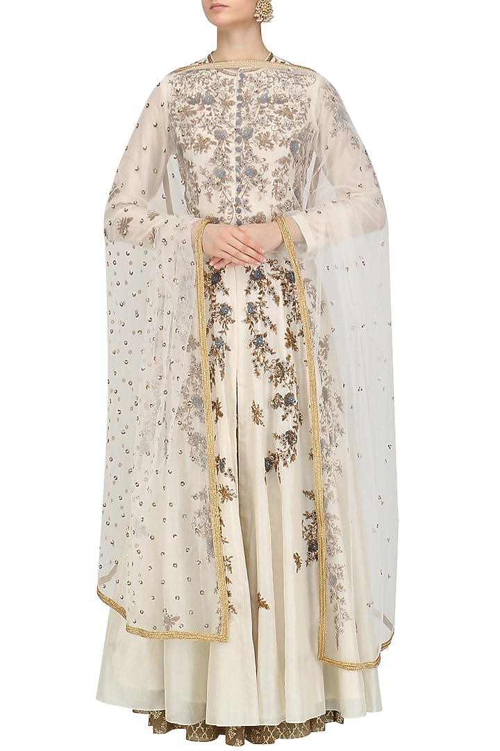 Cream floral embroidered anarkali set available only at Pernia's Pop Up Shop.