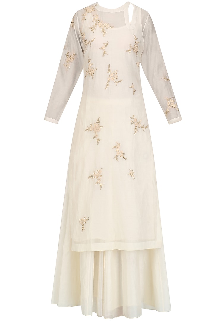 Cream Floral Embroidered Kurta and Skirt Set by Joy Mitra