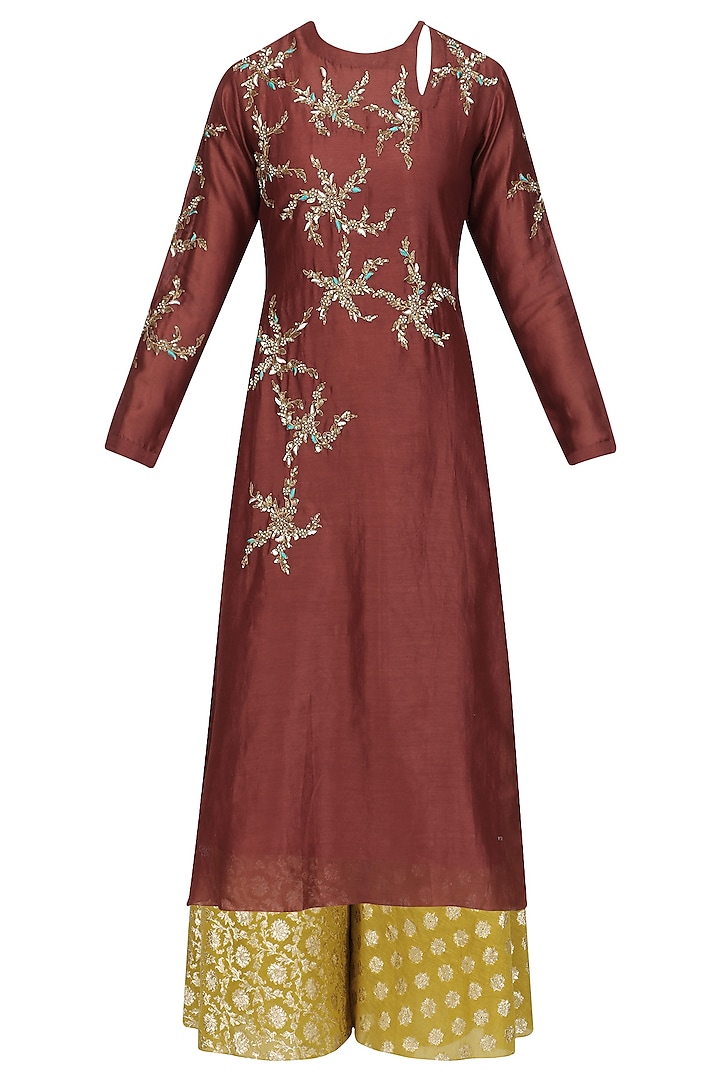 Maroon Floral Embroidered Kurta and Skirt Set by Joy Mitra