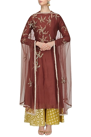 Maroon Floral Embroidered Kurta and Skirt Set by Joy Mitra