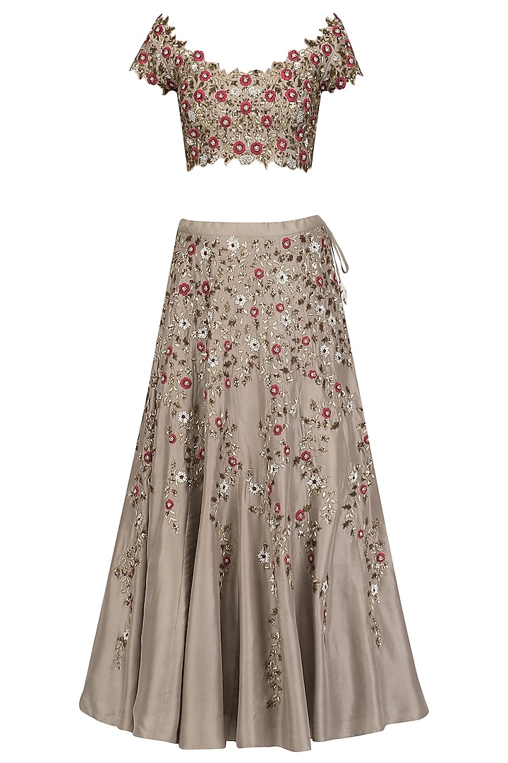Grey Floral Embroidered Lehenga and Blouse Set by Joy Mitra