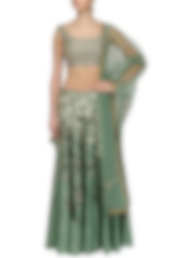 Green and Gold Embroidered Motifs Blouse and Skirt Set by Joy Mitra