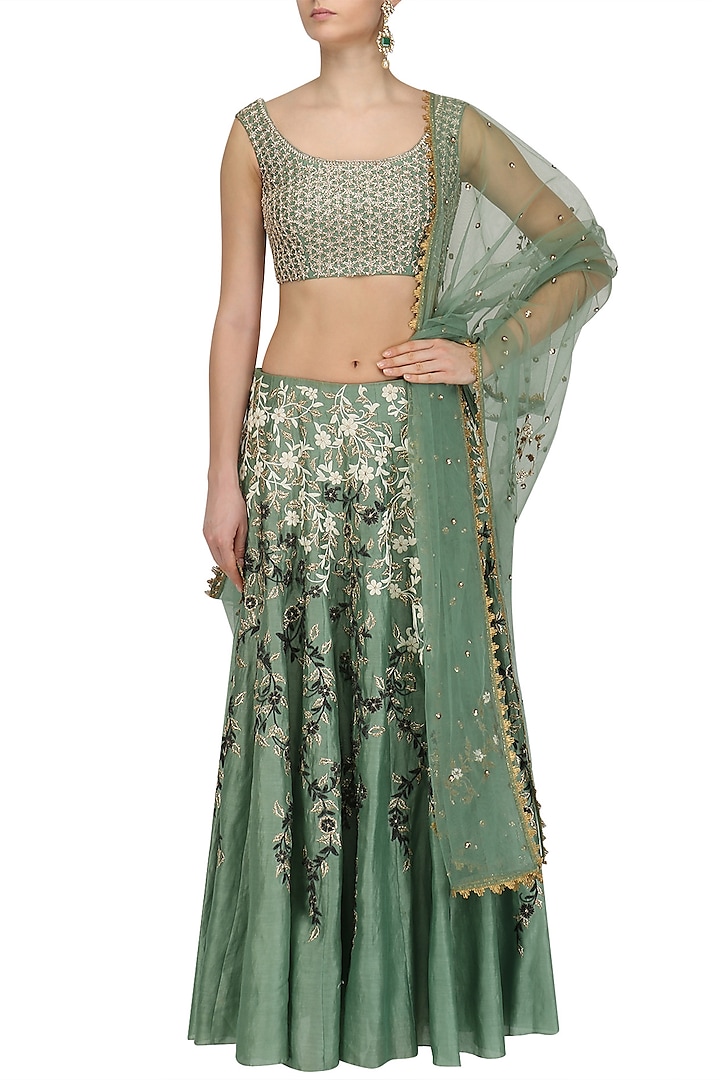 Green and Gold Embroidered Motifs Blouse and Skirt Set by Joy Mitra