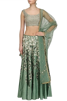 Green and gold embroidered motifs blouse and skirt set available only ...