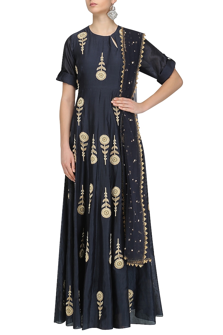 Indigo blue embroidered motifs flared anarkali set available only at Pernia's Pop Up Shop.