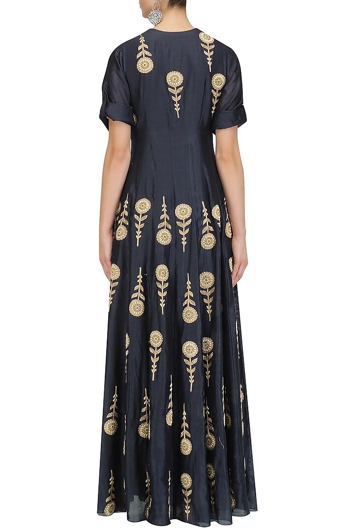 Indigo blue embroidered motifs flared anarkali set available only at Pernia's Pop Up Shop.