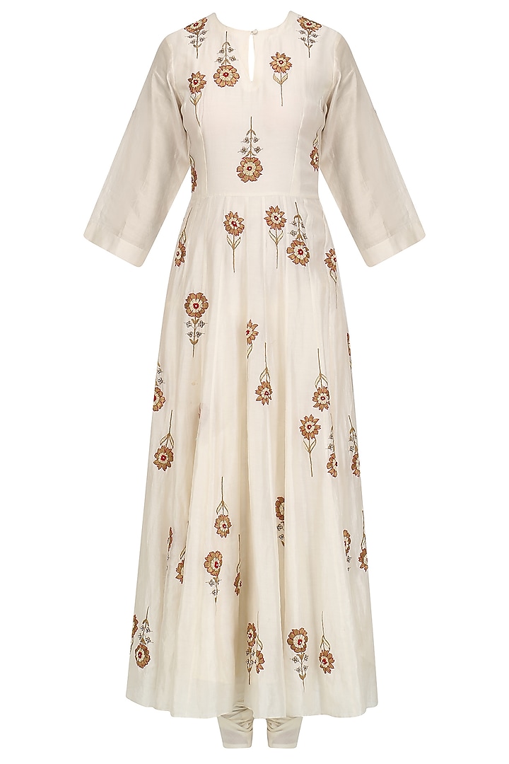 Cream Floral Embroidered Motifs Anarkali and Pants Set by Joy Mitra