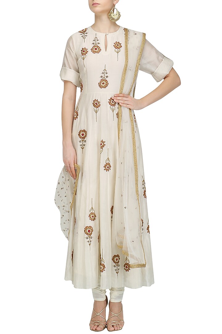 Cream floral embroidered motifs anarkali and pants set available only at Pernia's Pop Up Shop.