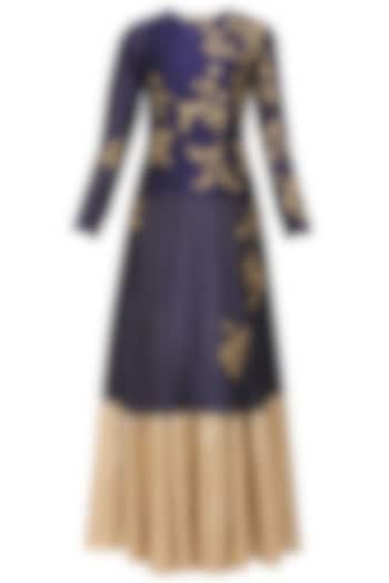 Joy Mitra presents Indigo floral embroidered kurta and gold brocade skirt with golden scarf available only at Pernia's Pop Up Shop.