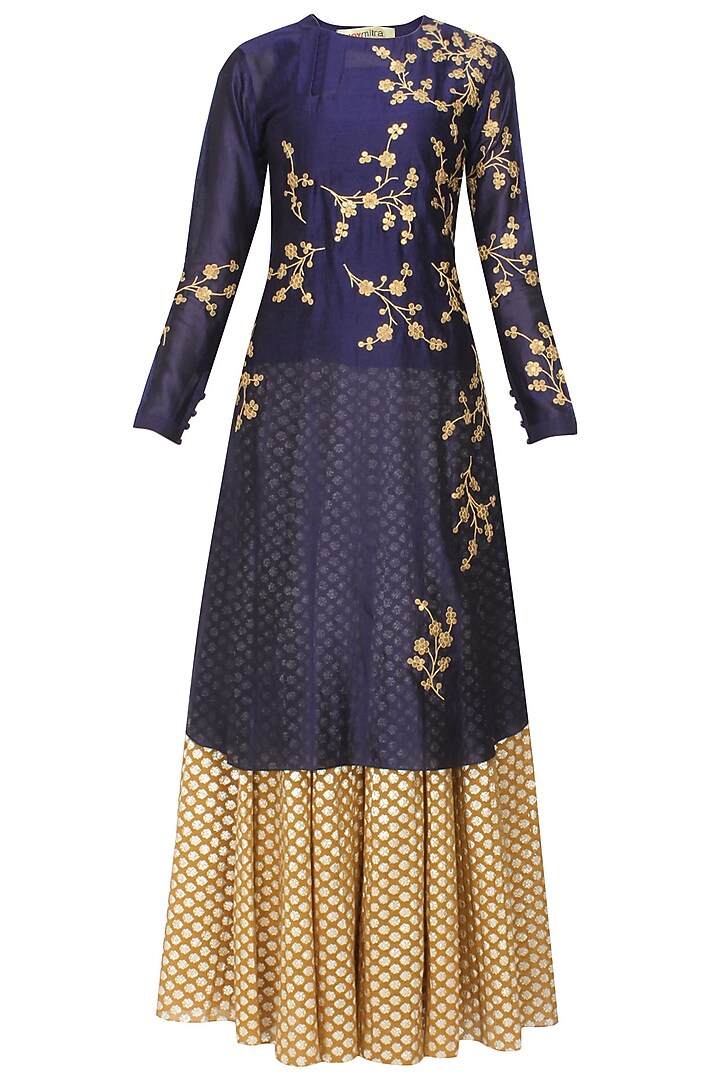 Joy Mitra presents Indigo floral embroidered kurta and gold brocade skirt with golden scarf available only at Pernia's Pop Up Shop.
