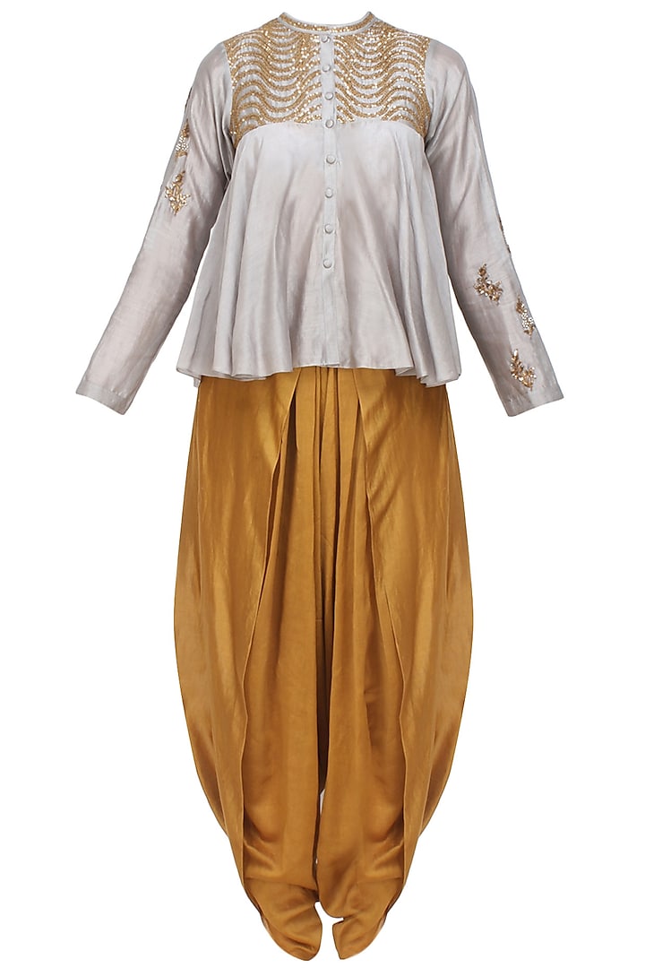 Grey Sequins Embroidered Flared Top and Gold Dhoti Pants with Golden Scarf by Joy Mitra