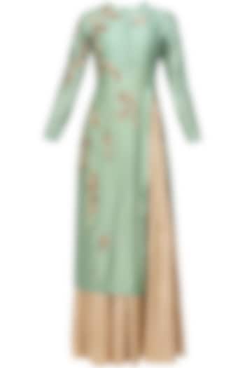 Joy Mitra presents Green floral embroidered kurta and gold brocade skirt with golden scarf available only at Pernia's Pop Up Shop.