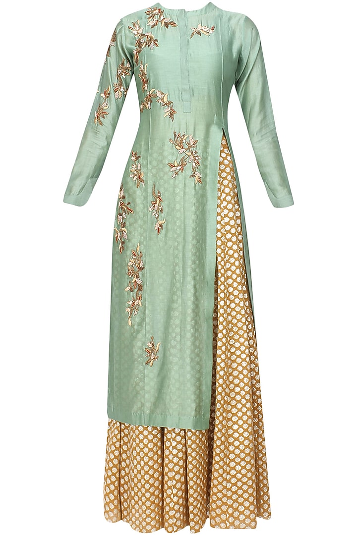 Joy Mitra presents Green floral embroidered kurta and gold brocade skirt with golden scarf available only at Pernia's Pop Up Shop.
