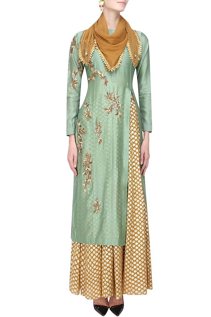 Joy Mitra presents Green floral embroidered kurta and gold brocade skirt with golden scarf available only at Pernia's Pop Up Shop.