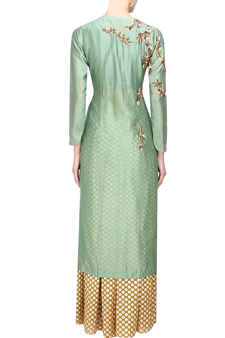 Joy Mitra presents Green floral embroidered kurta and gold brocade skirt with golden scarf available only at Pernia's Pop Up Shop.