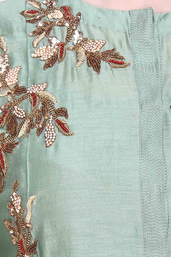 Joy Mitra presents Green floral embroidered kurta and gold brocade skirt with golden scarf available only at Pernia's Pop Up Shop.