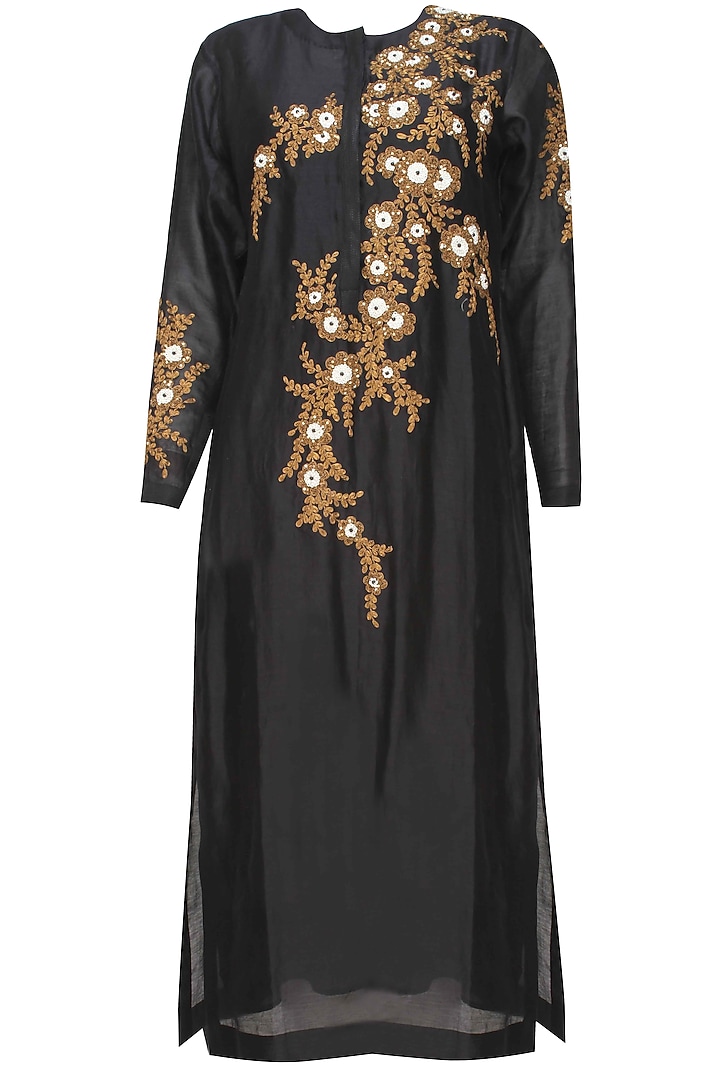 Joy Mitra presents Black floral embroidered straight kurta and gold brocade skirt with golden scarf available only at Pernia's Pop Up Shop.