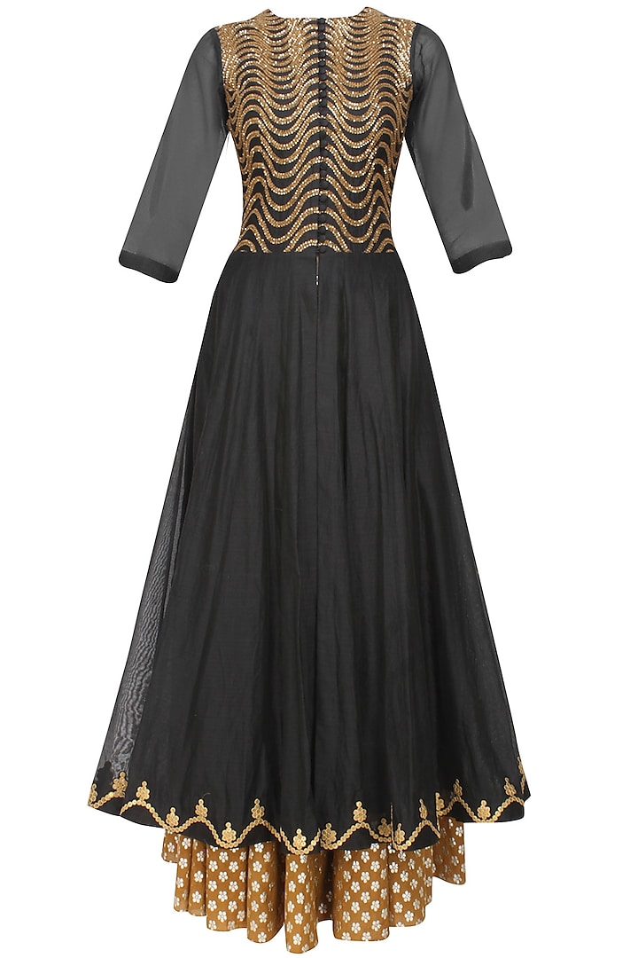 Joy Mitra presents Black sequins embroidered kalidaar kurta and gold brocade skirt with golden scarf available only at Pernia's Pop Up Shop.