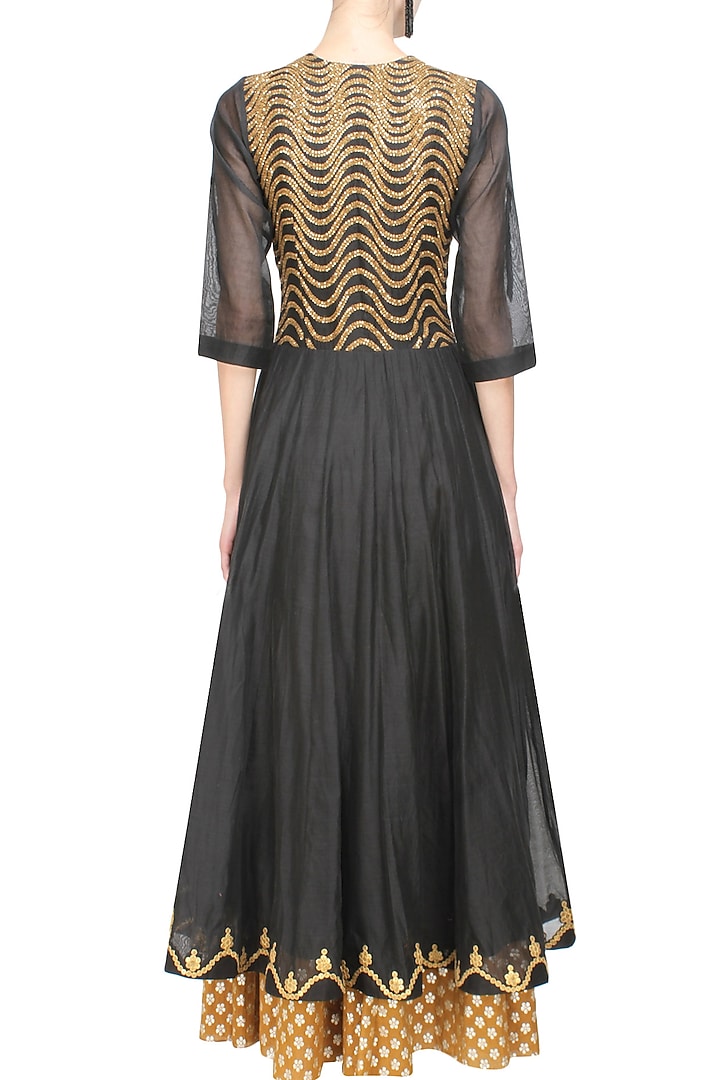 Joy Mitra presents Black sequins embroidered kalidaar kurta and gold brocade skirt with golden scarf available only at Pernia's Pop Up Shop.