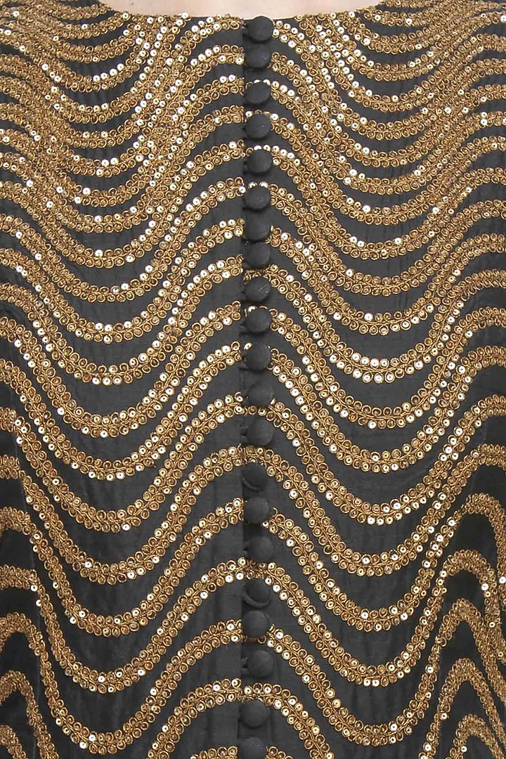Joy Mitra presents Black sequins embroidered kalidaar kurta and gold brocade skirt with golden scarf available only at Pernia's Pop Up Shop.