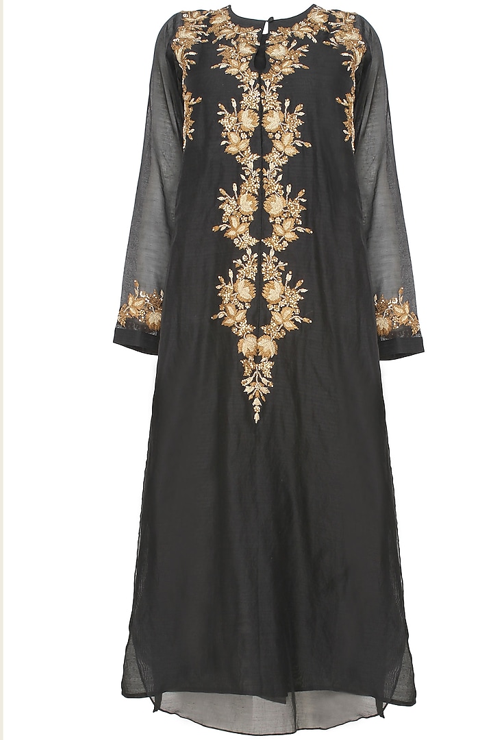 Black Floral Embroiderd Kurta and Gold Brocade Skirt with Golden Scarf by Joy Mitra